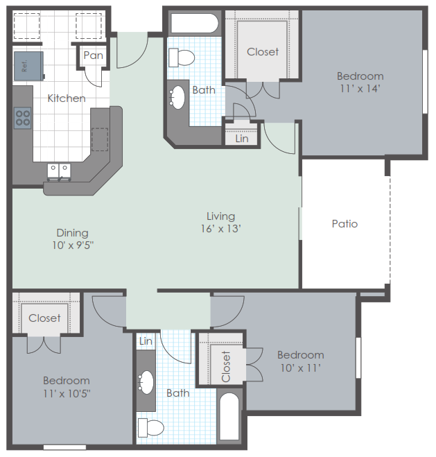 Floor plan for 3 beds, 2 baths, 1304 sqft